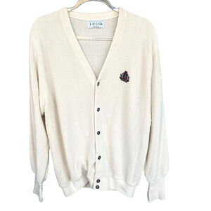 Vintage Izod Cardigan Sweater Mens Large Logo Crest Grandpa Preppy Cream‎